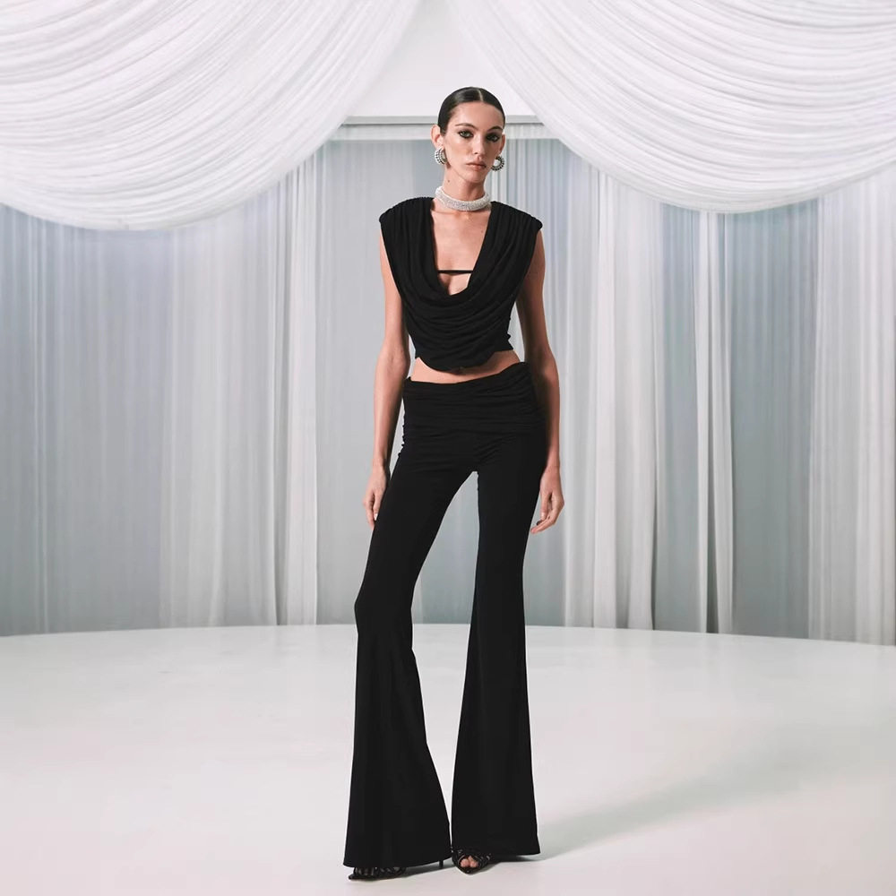 Sleeveless Ruffled Top High Waist Flare Pants Chic Fashion Set for Runway Events Wholesale Available