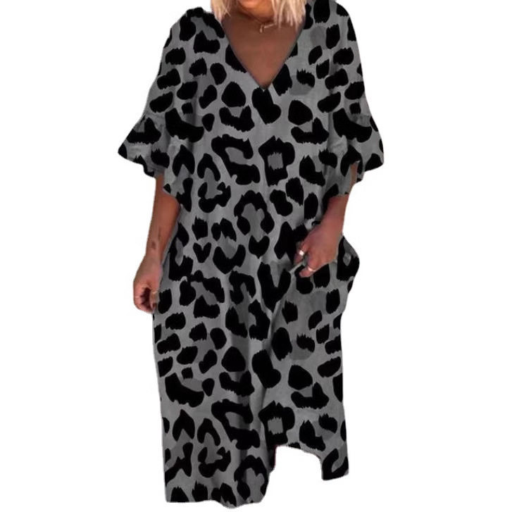 Leopard Print V Neck Ruffle Sleeve Plus Size Dress for Women Casual Summer Wear low MOQ