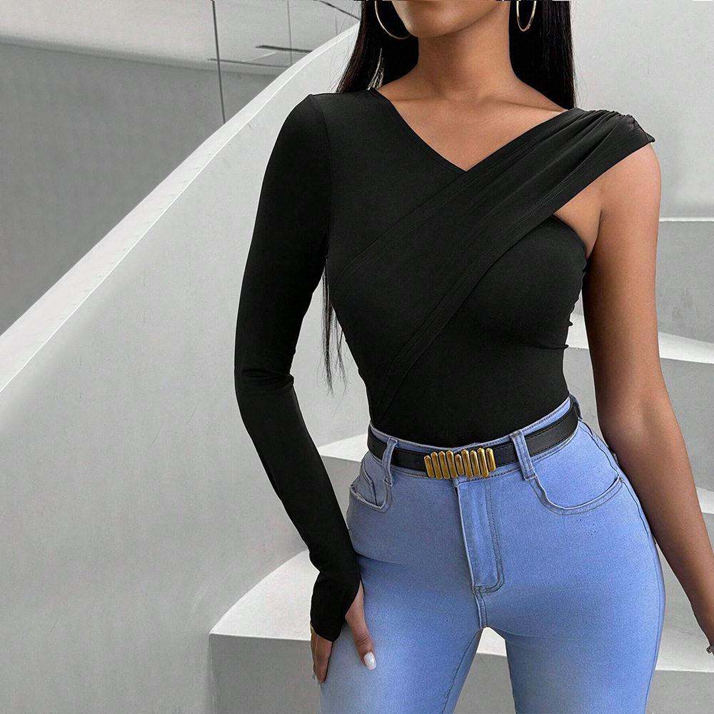 Womens V Neck Long Sleeve T Shirt Slim Fit Asymmetrical Design Lightweight Fabric Spring Summer Casual Wear