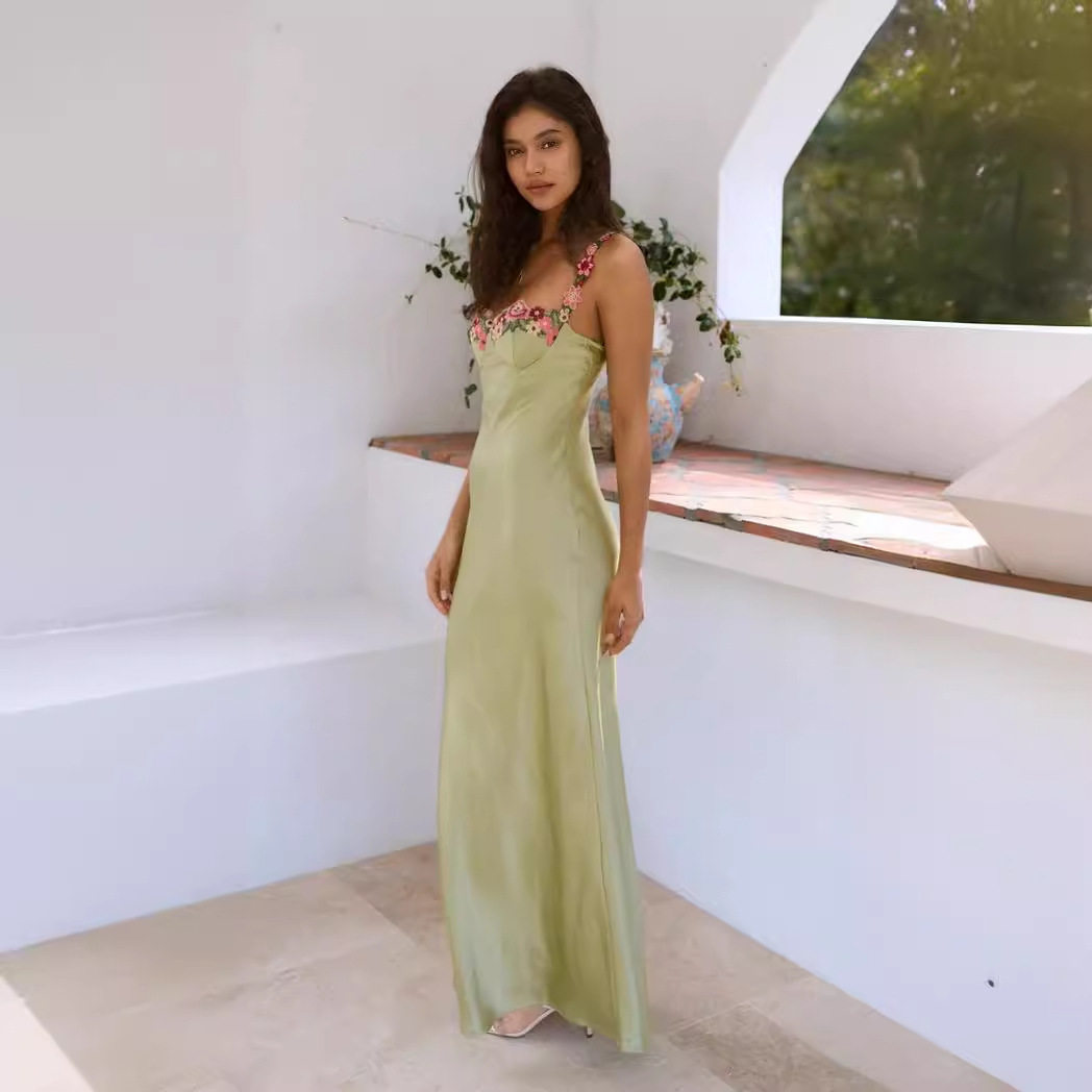 Satin Lace Cami Dress French Style Bodycon Fit Elegant Floral Design Perfect for Parties and Night Out Wholesale