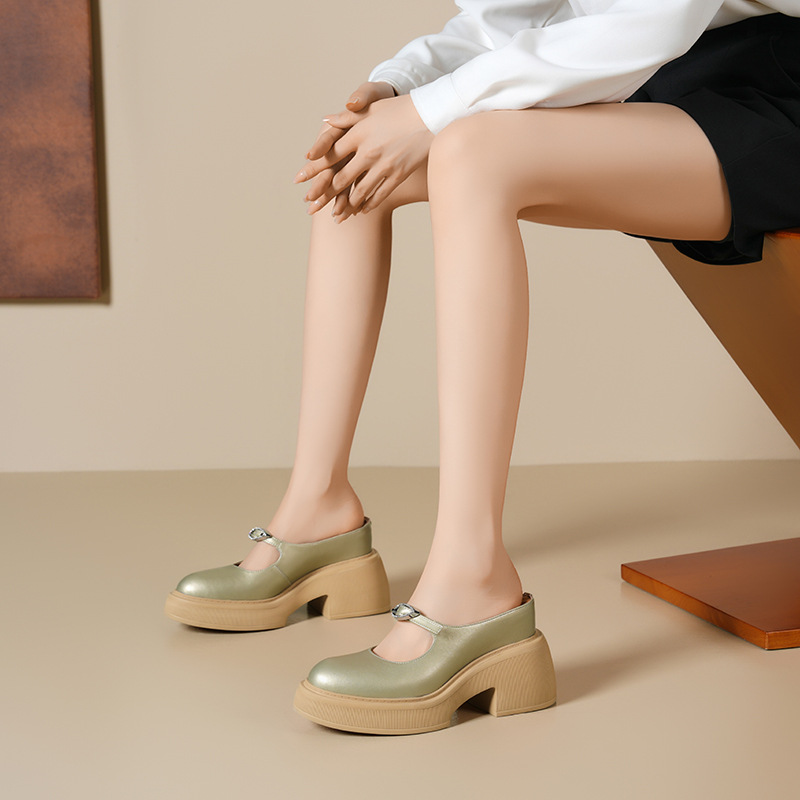 Giày Dép Lê Nữ Chất Liệu Da Bò Gót Vuông Đế Cao Hàng Mùa Hè
