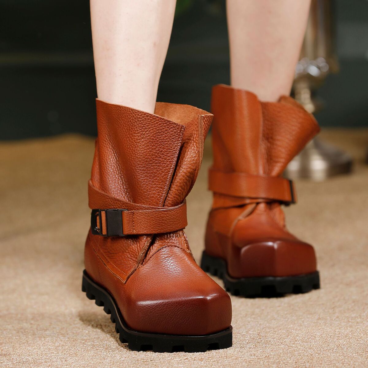 Boot nữ cổ ngắn da bò thật phong cách cổ điển — đen, màu nâu