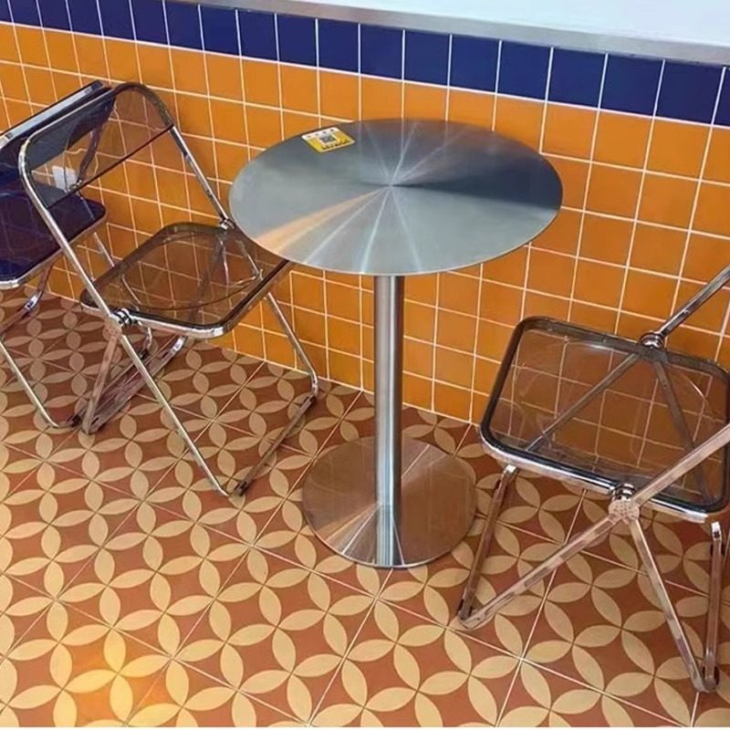 奶茶店不锈钢小圆桌咖啡厅休息区接待洽谈亚克力桌椅售楼处茶几商