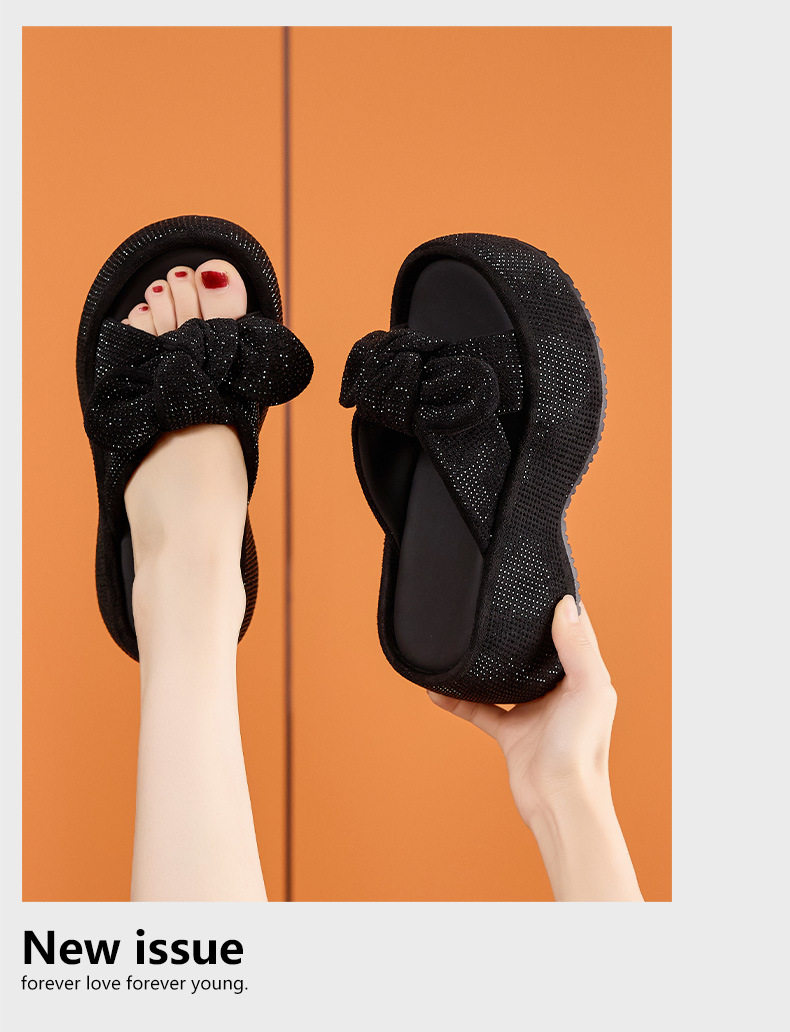 Dép sandal nữ quai chữ V nơ trang trí đế chống trượt mùa hè — Len tinh khiết, Đen chi tiết 12