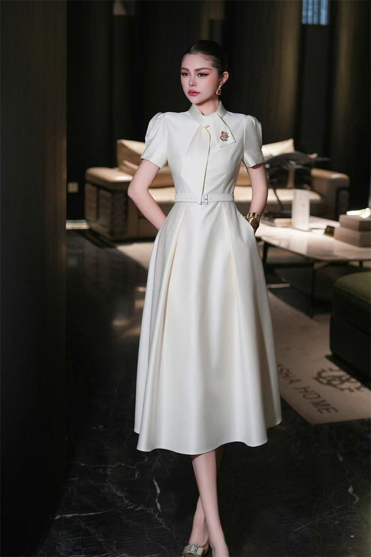 Đầm maxi nữ thắt eo phong cách châu Âu cổ điển — Hồng, Đào chi tiết 7