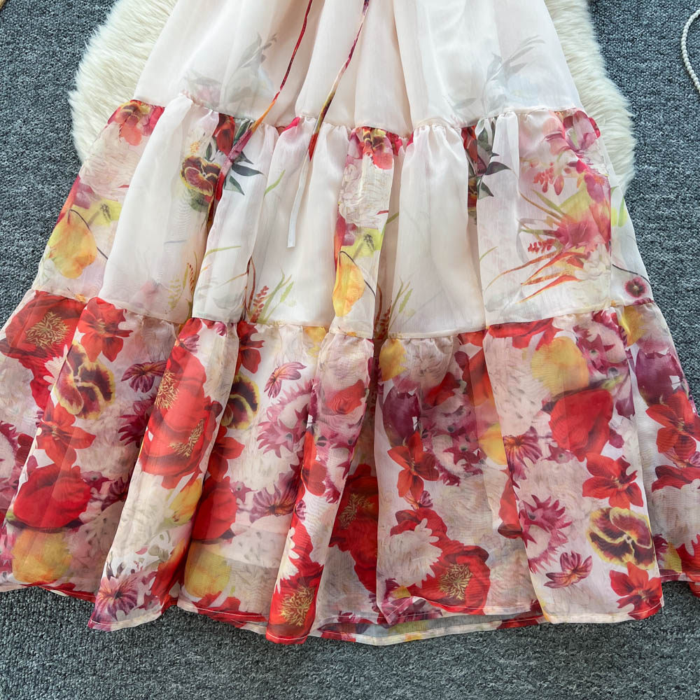 Floral Print Sleeveless Halter Dress High Waist A Line Silhouette Spring Summer Vacation Style Wholesale Available