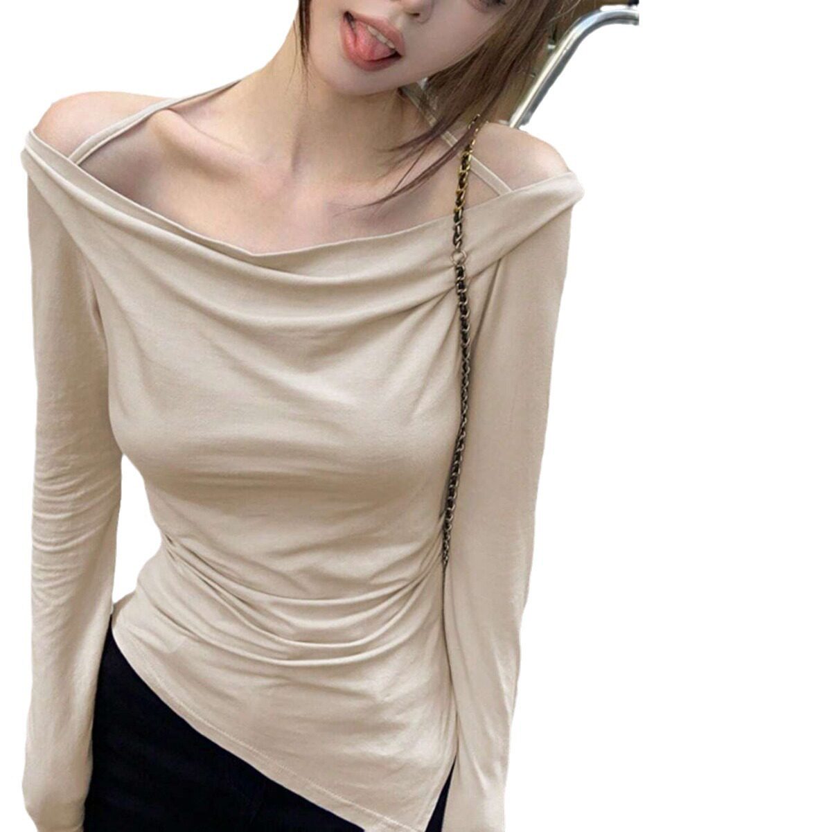 Off Shoulder T Shirt Solid Color Sleeveless Comfortable Fabric Fall Winter Casual Wear Wholesale Available