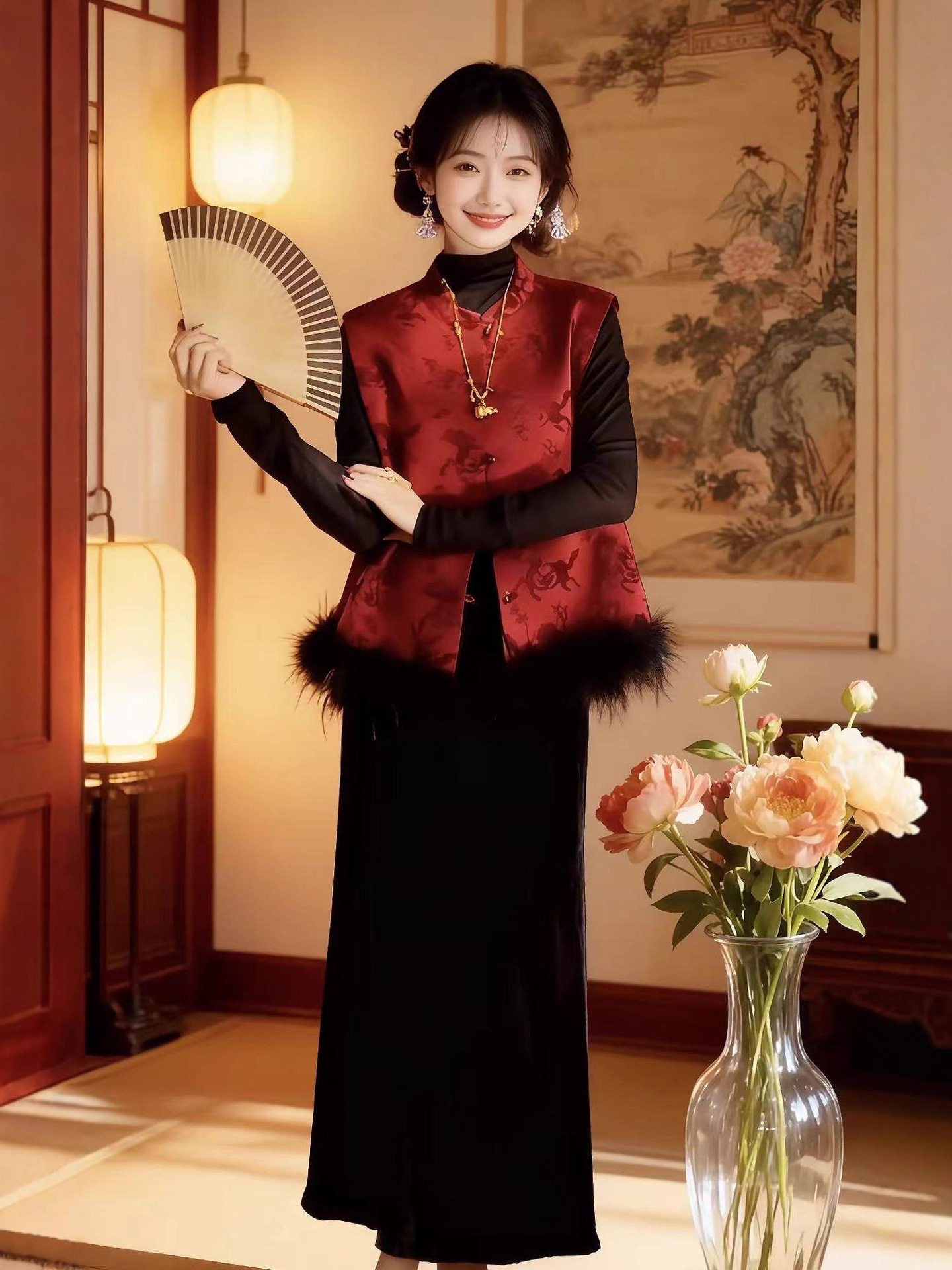 25 New Chinese-Style Corduroy Spliced Ostrich Feather Vest Tops with New Chinese-Style Stand Collar Tang Suit Button National Style Waistcoat