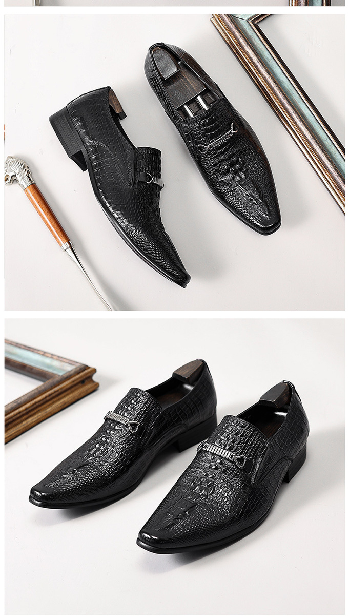 Giày lười nam mũi nhọn da bò thật dập nổi, giày slip-on công sở — Màu đen, Màu đỏ rượu