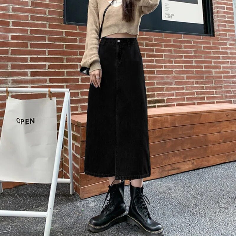 A Line High Waisted Denim Midi Skirt Black Split Design Loose Fit Flattering for Curvy Figures Perfect for Spring