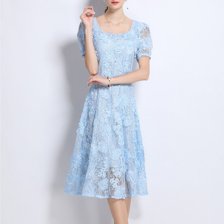 French Elegant Summer Dress Embellished with Beads and Sequins Square Neck Puff Sleeves Fitted Waist Lace Long Gown