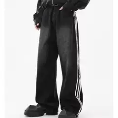 Japanese style versatile lazy washed three-bar striped jeans men's autumn and winter loose mop straight trousers