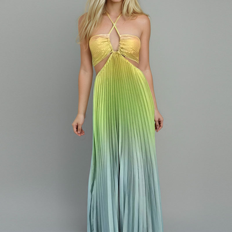 Gradient Color Pleated Halter Dress Spring Collection Fashionable Vacation Style Wholesale Available