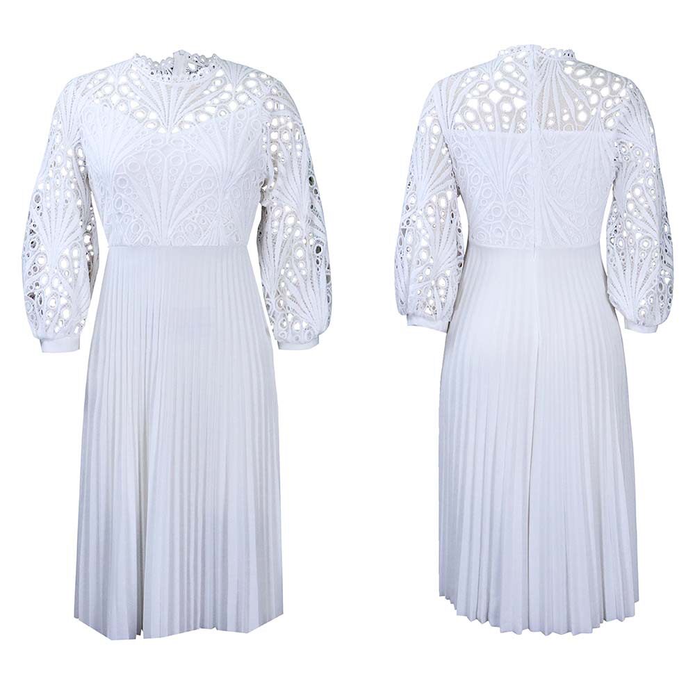 Plus Size Womens Lace Panel Pleated Hollow Out Dress Elegant Design Summer Style African Fashion Wholesale Available