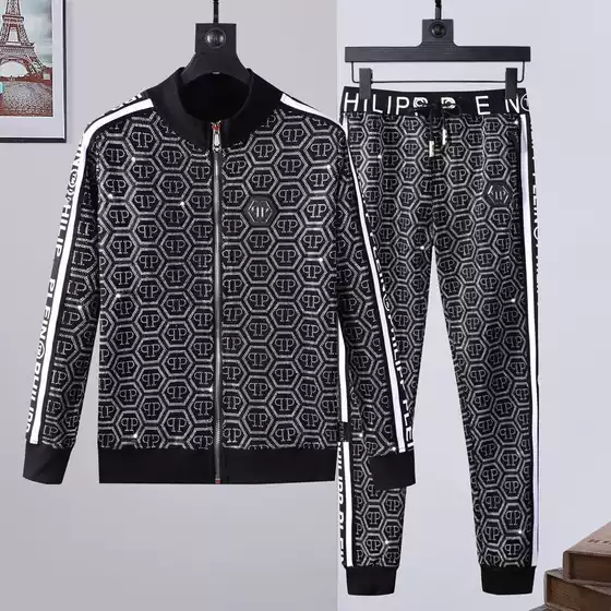 Autumn and Winter New Men's Stand-Collar Sports Casual Suit with Zipper and Rhinestone Lettering Trendy Brand Pp Suit for Men