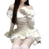 Love Comprehensive White Moonlight suit Autumn and Winter Slim-fit Slimming Pure Desire Wind off-shoulder Top Half-length Short Skirt Two-piece Set for Women