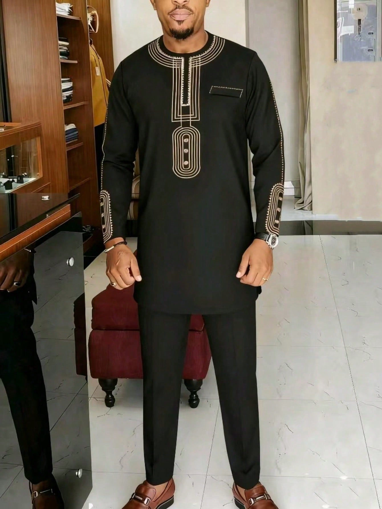2023非洲民族风男士休闲套装2件套长袖纯色拼接衬衫和裤子套装