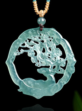 天然A货翡翠蓝水鹿花鹿踏雪寻梅玉石吊坠民族风情侣女款挂件