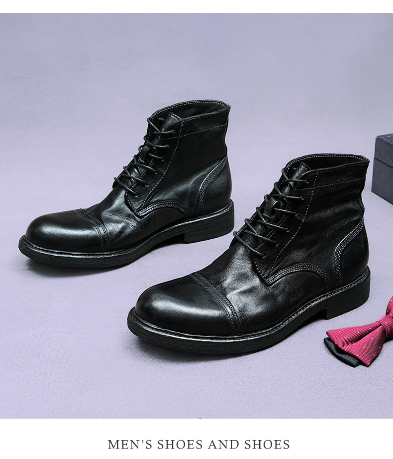 Giày boot nam da ngựa cổ cao mũi tròn đế khâu Goodyear thủ công — Màu đen, Màu cà phê