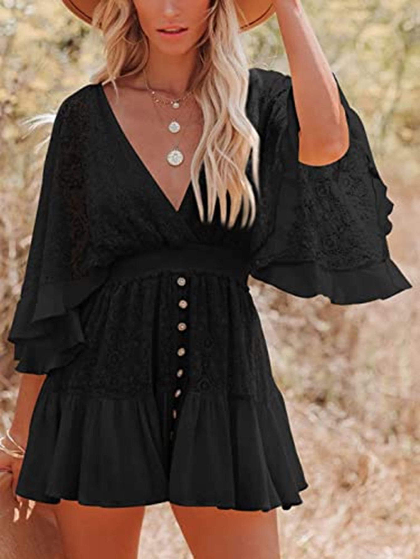 V Neck Lace Panel Batwing Sleeve Dress Elegant Design Comfortable Fit Versatile Style Perfect for Parties and Events