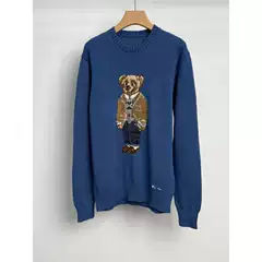 2025 Little Bear Heavy Knit Floral Sweater for Men and Women, Blue Cotton Material, Sizes
