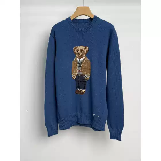 2025 Little Bear Heavy Knit Floral Sweater for Men and Women, Blue Cotton Material, Sizes