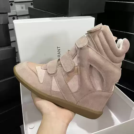 Binys European and American Style Magic Tape Invisible Height-Increasing Women's Shoes 8cm Wedge Heel Color-Blocking Sports Casual Shoes Genuine Leather High-Top Shoes
