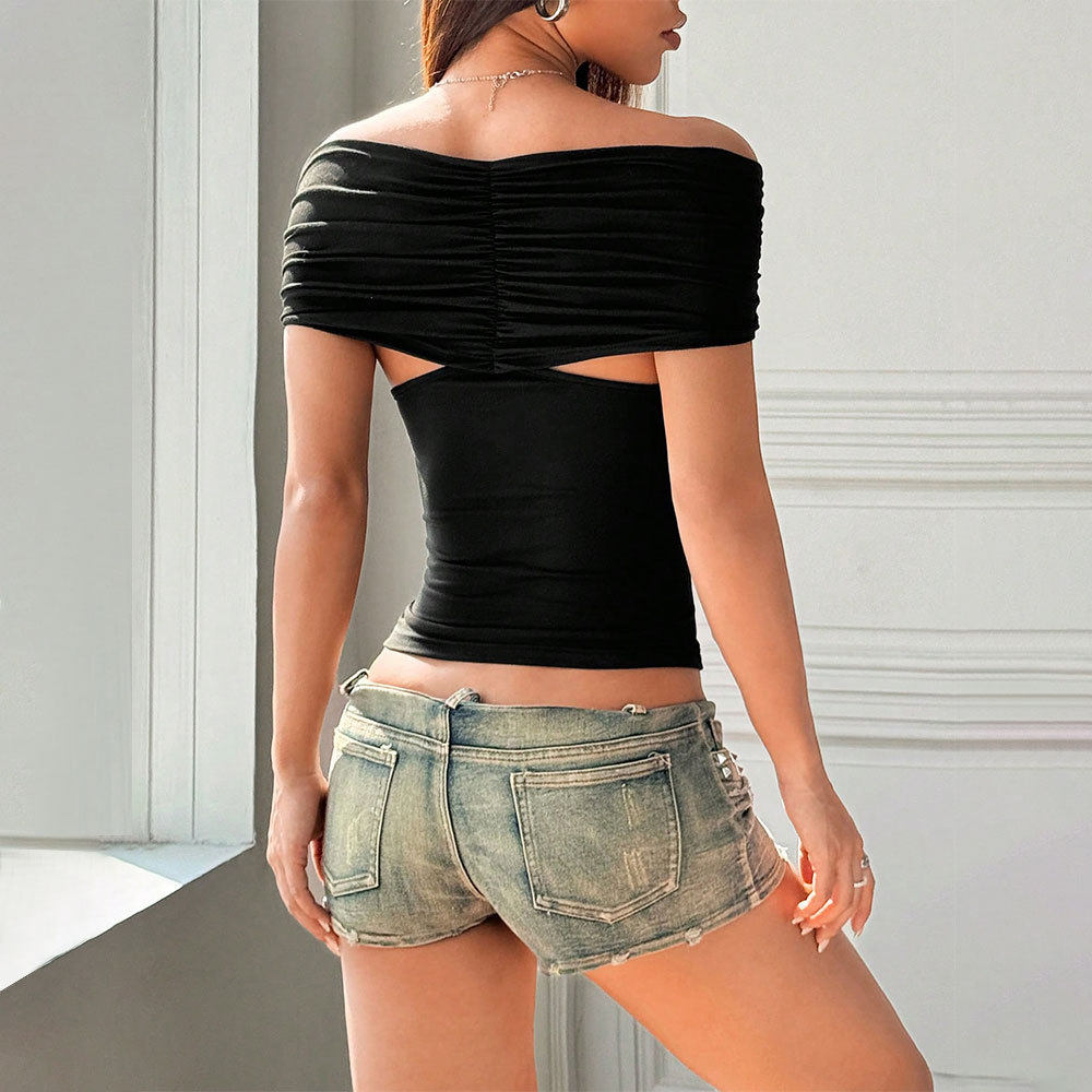 V Neck Twist Knot T Shirt Ruffled Off Shoulder Slim Fit Spring Summer Fashion for Women Wholesale Available
