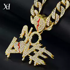 Cross-border new hip hop full diamond Cuban chain stitching letter love pendant hiphop street culture trendy men's necklace