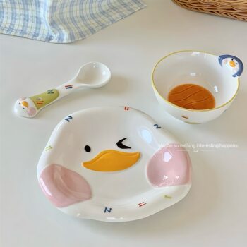 Internet Celebrity Cute Plate Bowl Household Ceramic Dishes Tableware suit Underglaze Color Binaural Soup Bowl Yogurt Bowl Advanced Sense