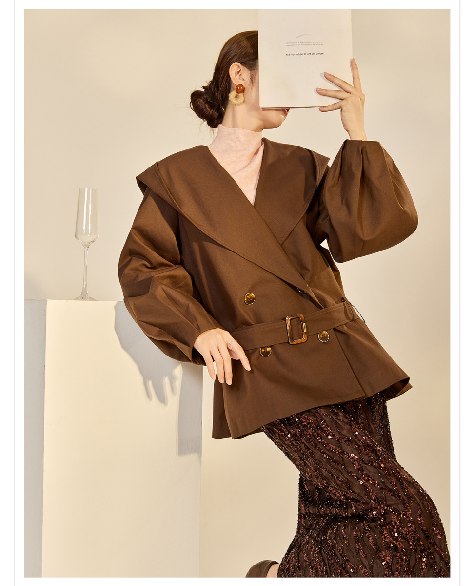 Áo khoác dạ nữ dáng dài buộc dây phối mũ, phong cách thanh lịch — Cacao Brown (7 ngày)