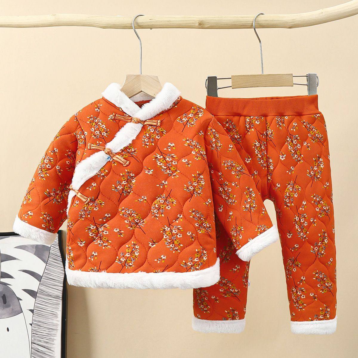 Girls' Winter Cotton Jacket, Viral Floral Print Padded Set, Baby Spring Festival Outfit, Thickened Northeast Style Floral Cotton Coat Set