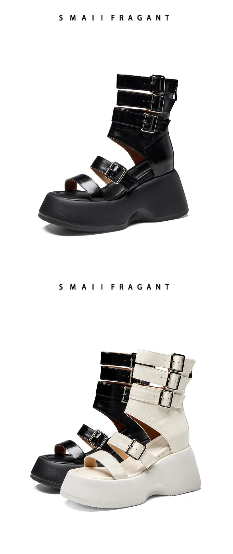 Sandal cao gót nữ hở mũi quai ngang đế dày 8 cm phong cách La Mã da bò mềm — [Trắng kem], [Đen] chi tiết 9