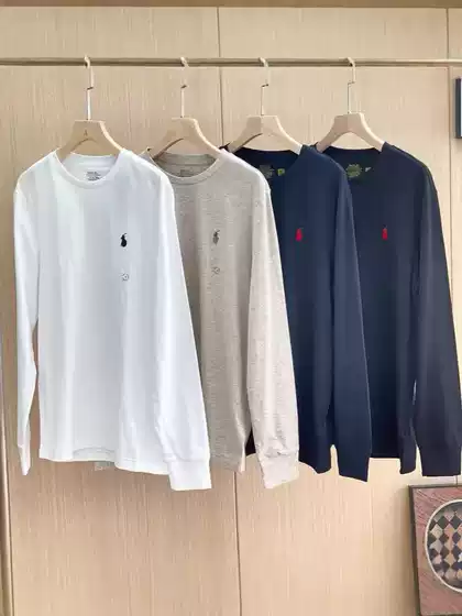 Scan Code Rl Raffy Pony Logo Pure Cotton Long-Sleeved T-Shirt Men's Autumn and Winter Bottoming Shirt Threaded Cuff Knitted Cross-Border T-Shirt