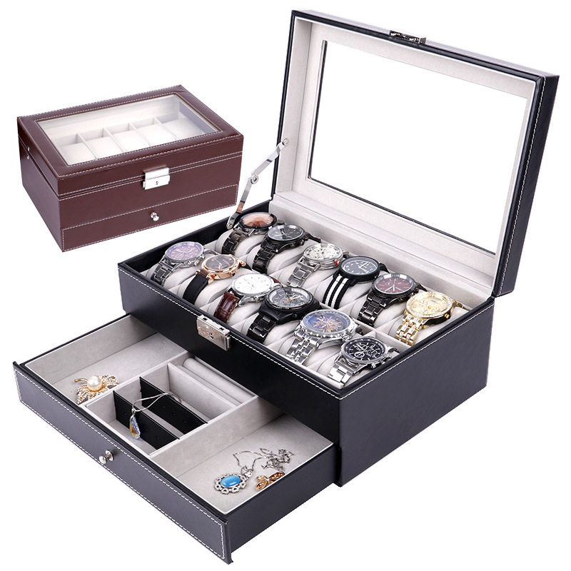 Deyi wholesale PU leather double-layer jewelry box window 12-bit watch box jewelry box jewelry storage box
