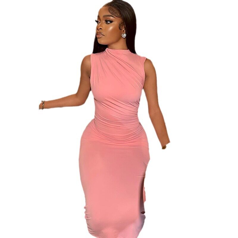 Sleeveless Bodycon Dress Solid Color Round Neck Waist Defining Casual Style Perfect for Parties or Everyday Wear