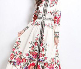 Vintage Inspired Floral Print Dress Round Neck Lantern Sleeves Single Breasted Waist Defined Elegant Evening Gown