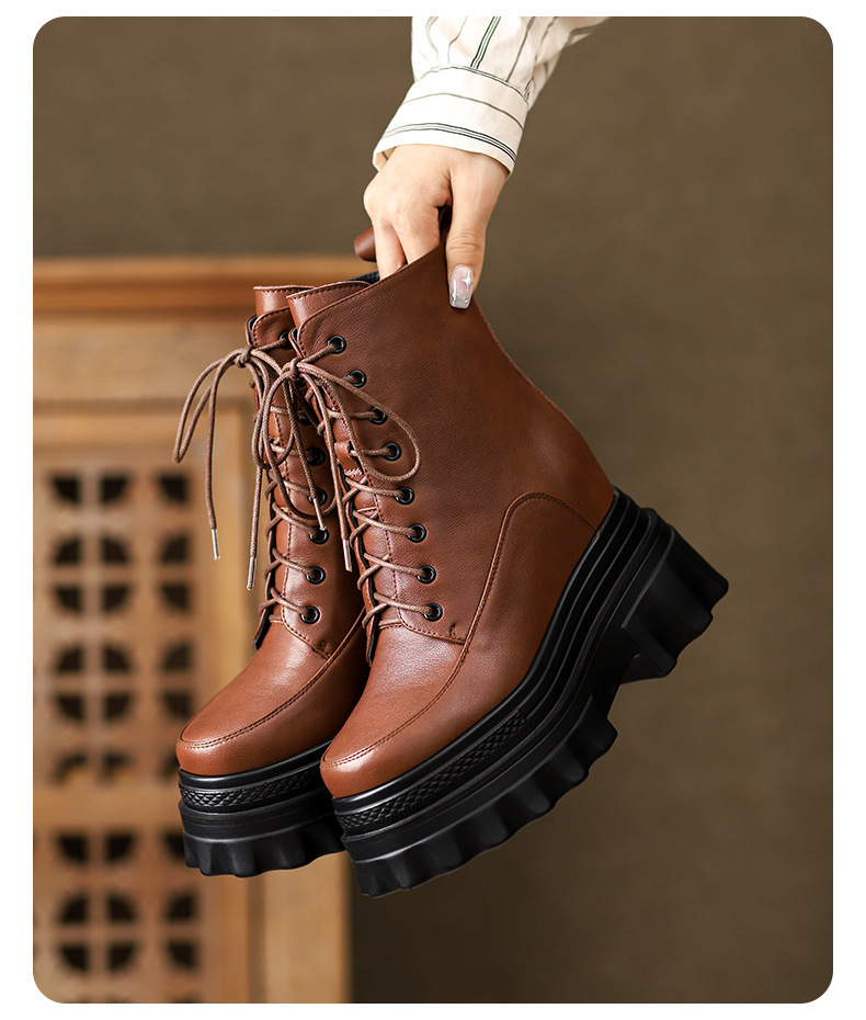 Boot Martin nữ đế dày tăng chiều cao 10cm, cổ thấp gót nêm da bò thật — Lớp lót đơn màu đen, Lớp lót đơn màu nâu sẫm, Lớp lót nhung đen, Lớp lót nhung màu nâu sẫm