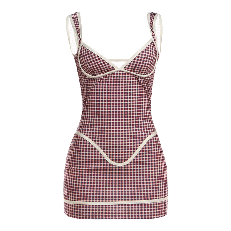 Summer Vintage Plaid Bodycon Dress for Women Sexy Spaghetti Straps Color Block Design Trendy Style Wholesale Available