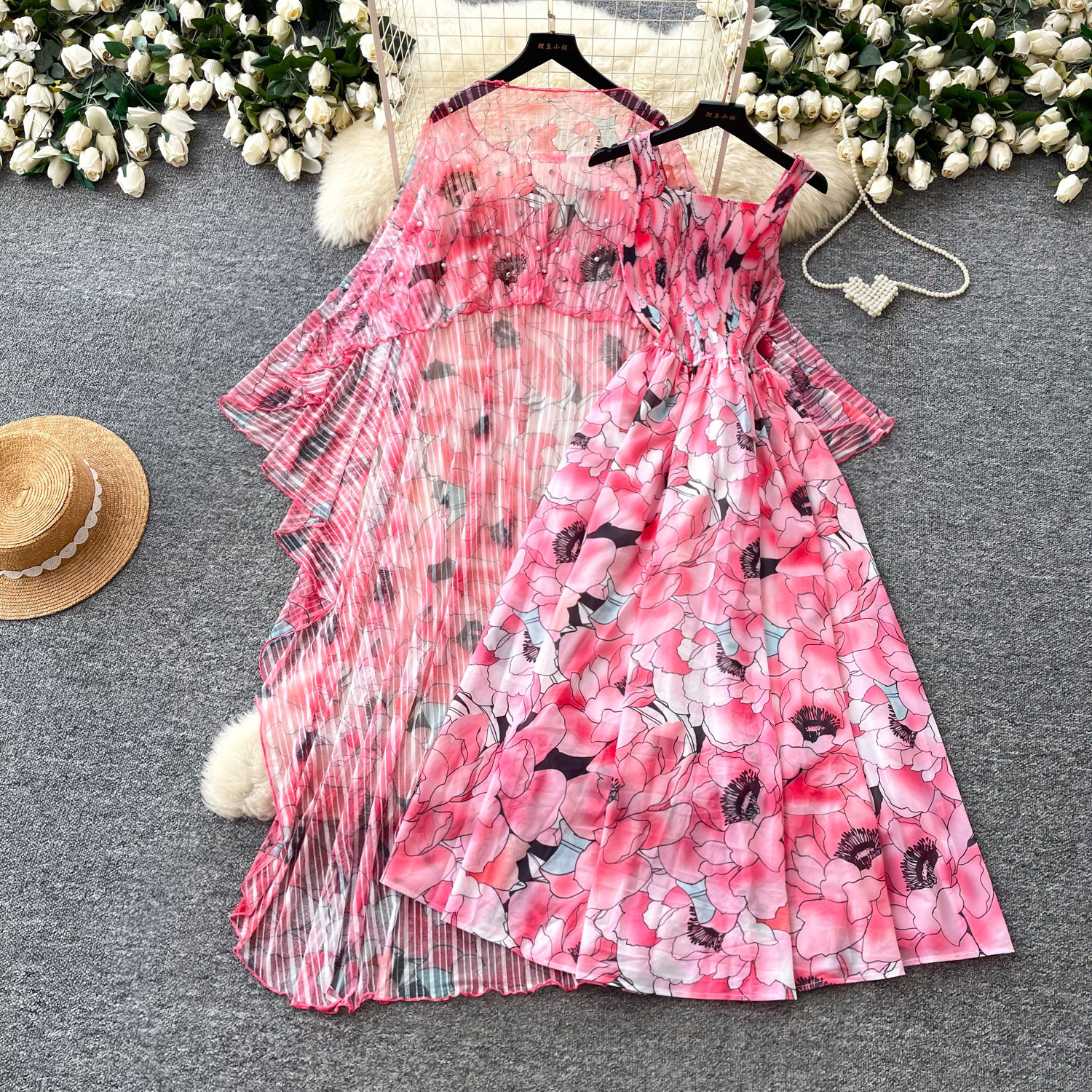 French Style Floral Print Dress Three Quarter Sleeve Waist Defining Slim Fit Beaded Details Summer Casual or Office