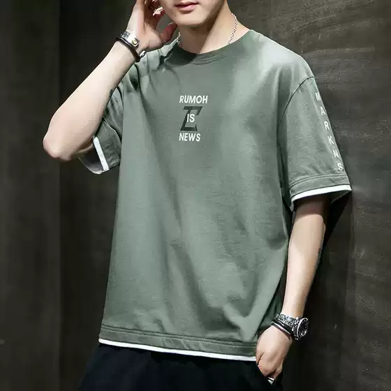 2023 New Summer Short-sleeved T-shirt Men's Casual All-match Loose Trendy Brand Printed Student's Summer Clothes Men's Clothes