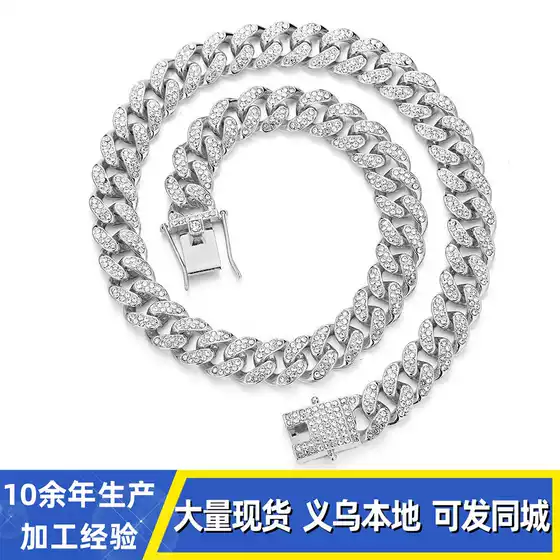 12mm Cuban Chain Cross-Border Accessible Luxury Fashion Versatile Alloy Rhinestone Men and Women Same Style Cuban Necklace Source Factory
