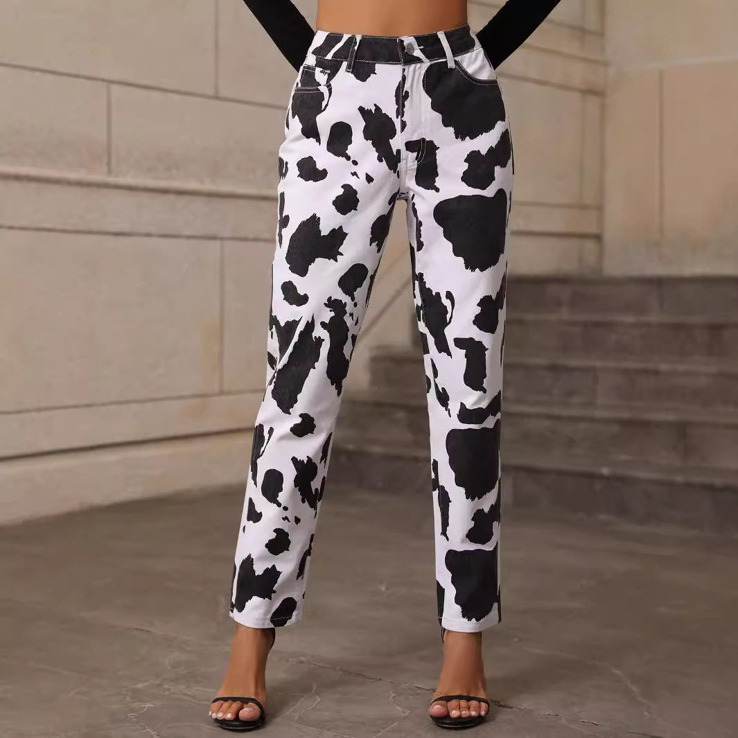 High Waisted Cow Print Denim Pants Unique Design Trendy Style Comfortable Fit Casual Wear Ready to Ship
