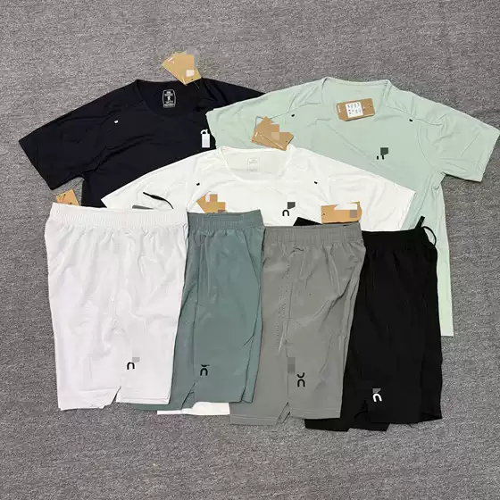 Cross-border hot-selling in-stock ice silk quick-dry stretchy round-neck set, short-sleeve t-shirt for men, loose and breathable five-point pants, trendy