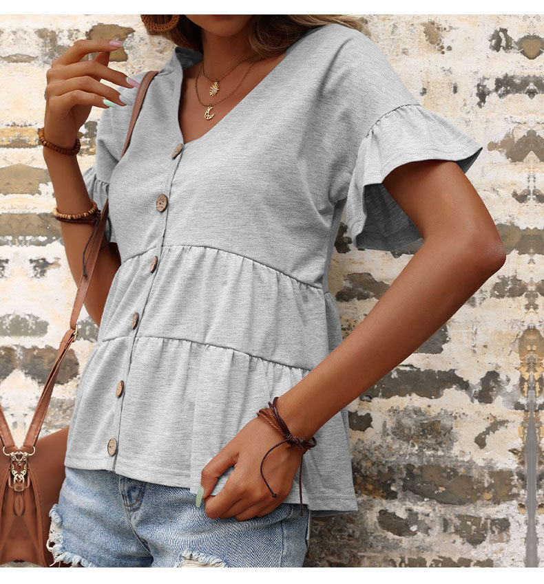 Casual Loose V Neck T Shirt Ruffle Sleeve Solid Color Trendy Style Perfect for Vacation Wear Wholesale Available