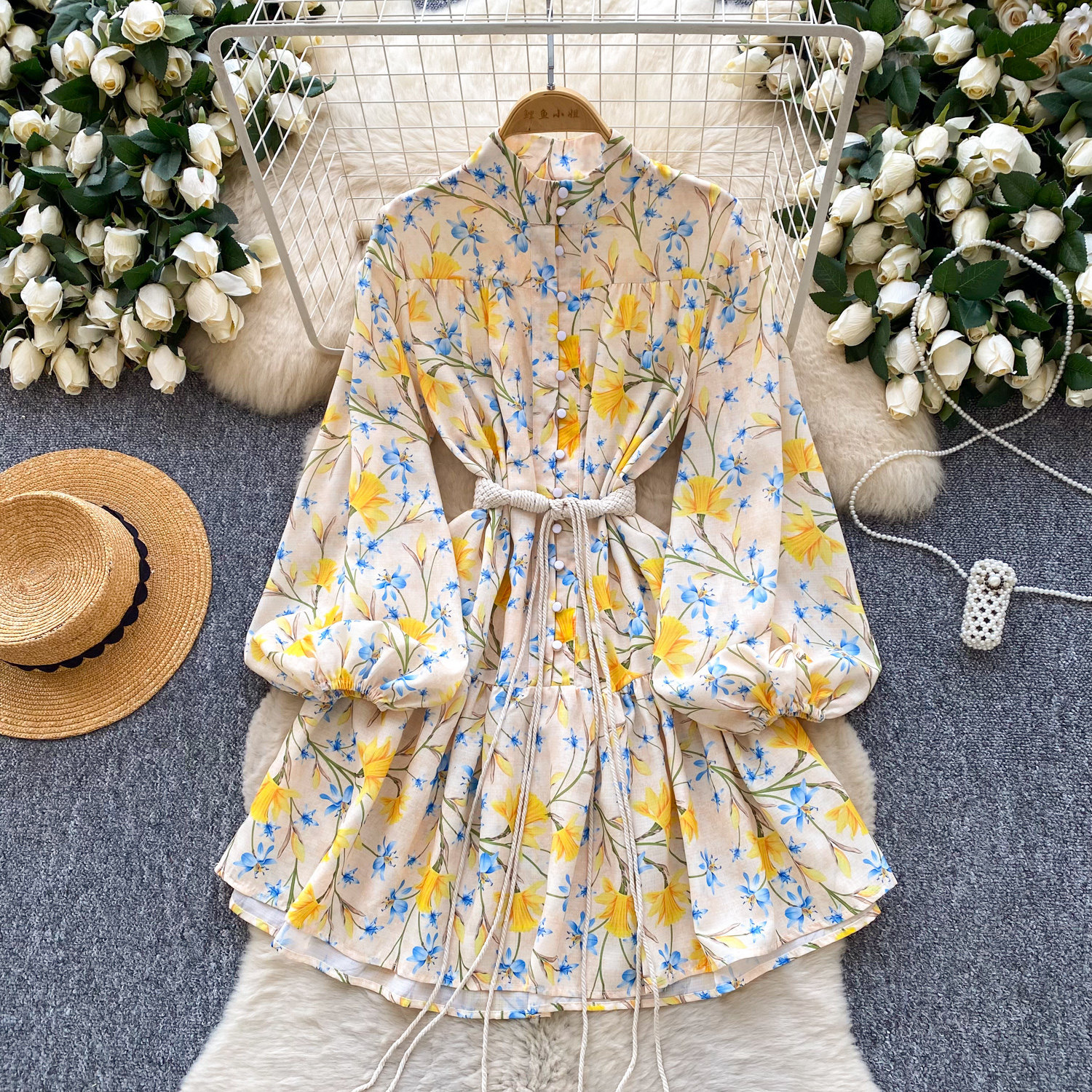 Vintage French Style Blue Floral Long Sleeve Dress Stand Collar Tie Waist Slim Fit A Line Elegant for Spring and