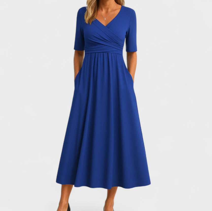 Elegant Womens Solid Color Maxi Dress V Neck Mid Sleeve Summer Style Available for Wholesale