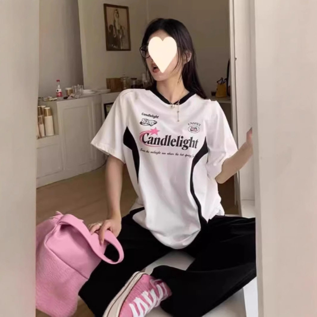 Fashion Trendy Brand Explosive All-match Motorcycle Color Matching Printed Short-sleeved T-shirt Women's Summer Stitching Loose All-match Top Ins