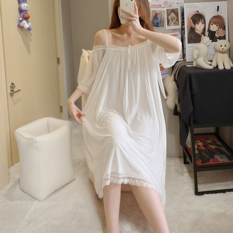 Maternity Wear Spring and Autumn Off-Shoulder Mesh Pajamas with Chest Pads Long Palace Style Sweet and Simple Home Wear 345
