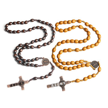[Ready Stock] Wooden Rosary Necklace Cross Braided Brown Rice Beads Beads Praying Easter Cross-Border Jewelry